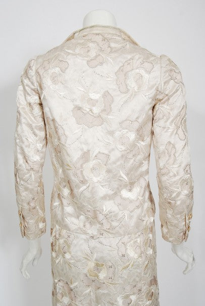 1980&#39;s Chanel Haute Couture Ivory Lesage Embroidered Silk Belted Gown &amp; Jacket