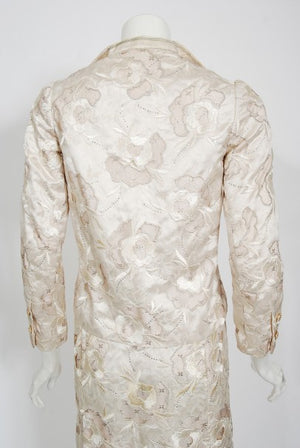 1980's Chanel Haute Couture Ivory Lesage Embroidered Silk Belted Gown & Jacket