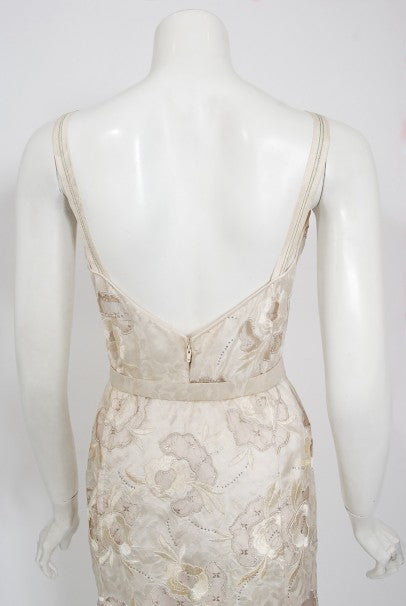 1980&#39;s Chanel Haute Couture Ivory Lesage Embroidered Silk Belted Gown &amp; Jacket