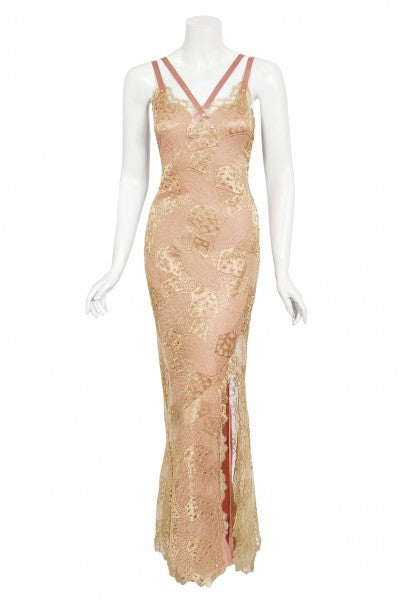 2001 Christian Dior by John Galliano Gold Lace &amp; Pink Silk Bias-Cut Gown