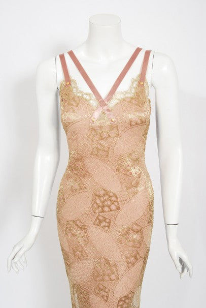 2001 Christian Dior by John Galliano Gold Lace &amp; Pink Silk Bias-Cut Gown