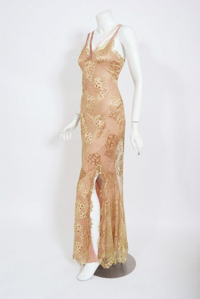 2001 Christian Dior by John Galliano Gold Lace &amp; Pink Silk Bias-Cut Gown