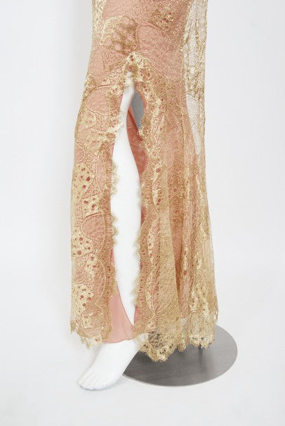 2001 Christian Dior by John Galliano Gold Lace &amp; Pink Silk Bias-Cut Gown