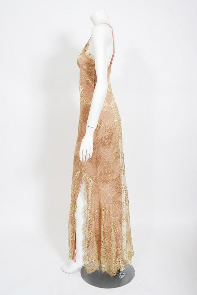 2001 Christian Dior by John Galliano Gold Lace & Pink Silk Bias-Cut Go - Timeless Vixen 2001 Christian Dior by John Galliano Gold Lace & Pink Silk Bias-Cut Go - Timeless Vixen