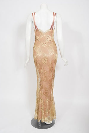 2001 Christian Dior by John Galliano Gold Lace & Pink Silk Bias-Cut Gown