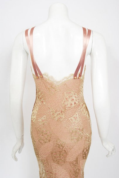2001 Christian Dior by John Galliano Gold Lace &amp; Pink Silk Bias-Cut Gown