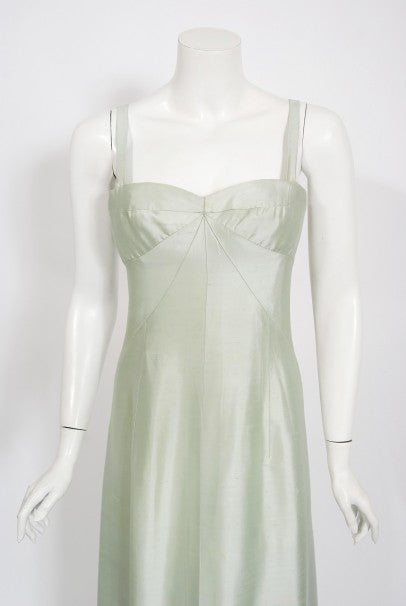 1965 Jean Patou Haute Couture Icy Blue-Green Silk Plunge Sculptural Gown