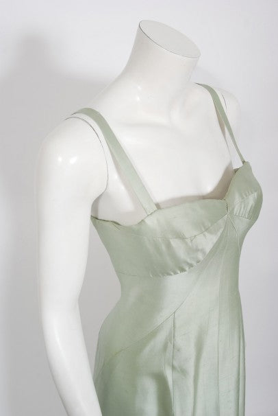 1965 Jean Patou Haute Couture Icy Blue-Green Silk Plunge Sculptural Gown