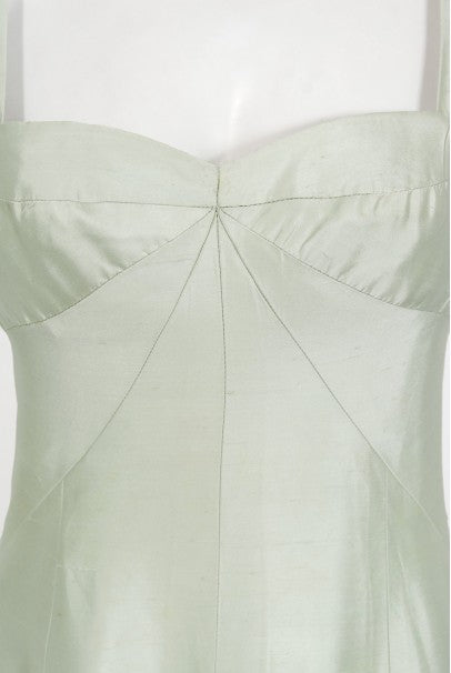 1965 Jean Patou Haute Couture Icy Blue-Green Silk Plunge Sculptural Gown