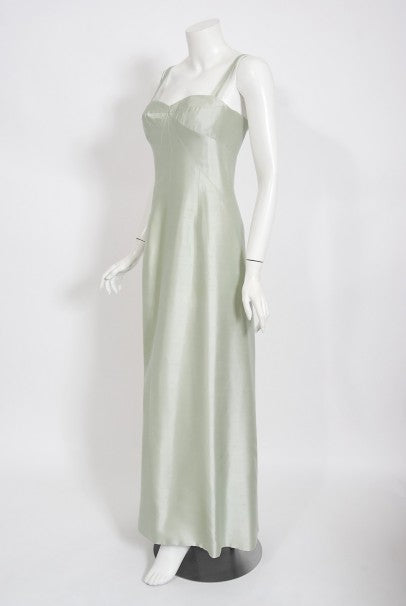1965 Jean Patou Haute Couture Icy Blue-Green Silk Plunge Sculptural Gown