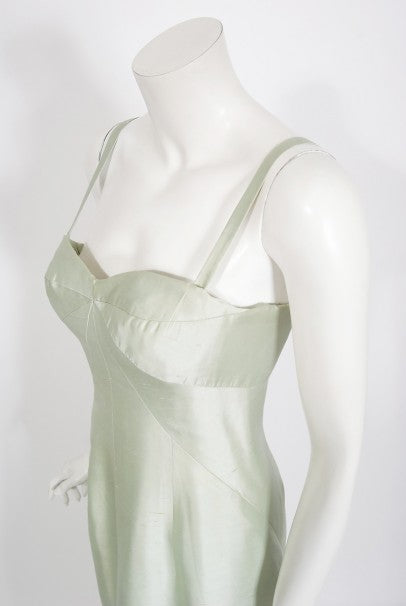 1965 Jean Patou Haute Couture Icy Blue-Green Silk Plunge Sculptural Gown