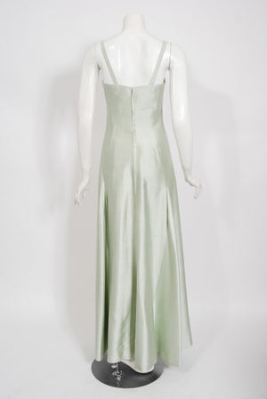1965 Jean Patou Haute Couture Icy Blue-Green Silk Plunge Sculptural Gown