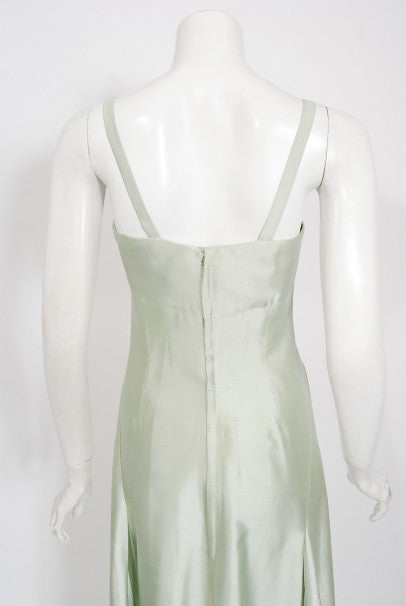1965 Jean Patou Haute Couture Icy Blue-Green Silk Plunge Sculptural Gown