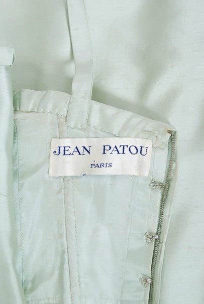 1965 Jean Patou Haute Couture Icy Blue-Green Silk Plunge Sculptural Gown