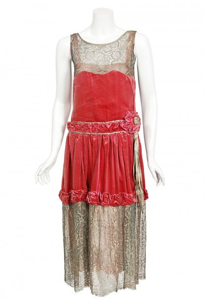 1920&#39;s Bedell Couture Magenta Velvet Metallic-Gold Lace Flapper Dress
