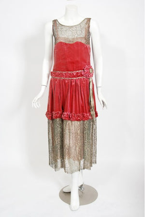 1920's Bedell Couture Magenta Velvet Metallic-Gold Lace Flapper Dress