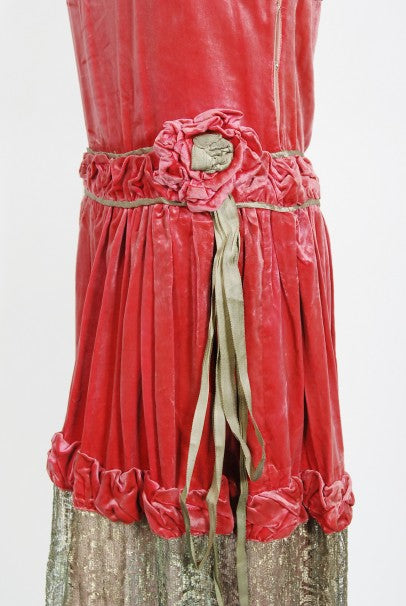 1920&#39;s Bedell Couture Magenta Velvet Metallic-Gold Lace Flapper Dress