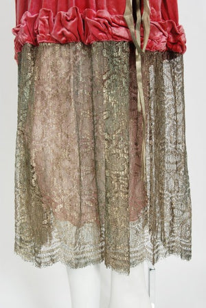 1920's Bedell Couture Magenta Velvet Metallic-Gold Lace Flapper Dress