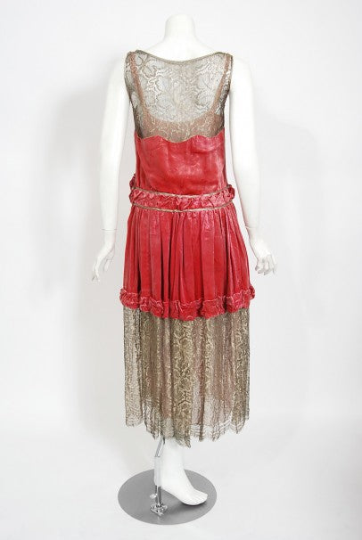 1920&#39;s Bedell Couture Magenta Velvet Metallic-Gold Lace Flapper Dress