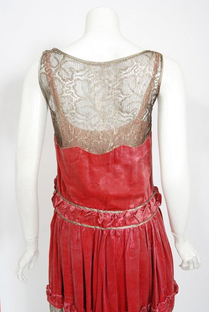 1920&#39;s Bedell Couture Magenta Velvet Metallic-Gold Lace Flapper Dress