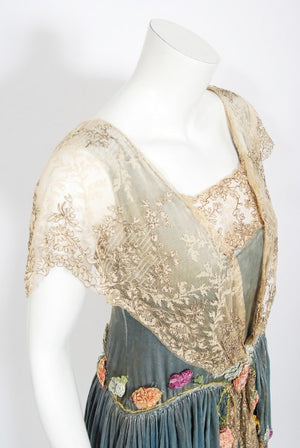 1920's Sadie Nemser Couture Beaded Floral Appliqué Velvet & Lace Dress