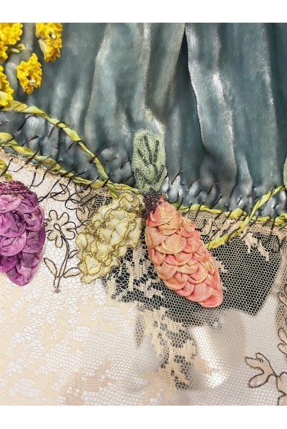 1920&#39;s Sadie Nemser Couture Beaded Floral Appliqué Velvet &amp; Lace Dress