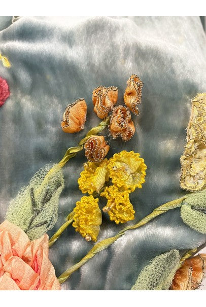 1920&#39;s Sadie Nemser Couture Beaded Floral Appliqué Velvet &amp; Lace Dress