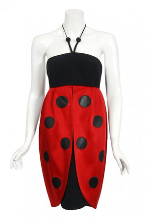 1995 Moschino Couture 'Ladybug' Novelty Black & Red Silk Halter Dress