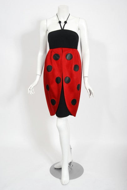 1995 Moschino Couture 'Ladybug' Novelty Black & Red Silk Halter Dress