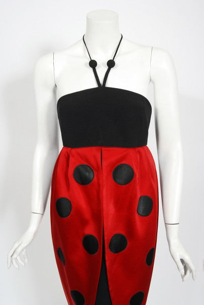 1995 Moschino Couture &#39;Ladybug&#39; Novelty Black &amp; Red Silk Halter Dress