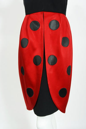 1995 Moschino Couture 'Ladybug' Novelty Black & Red Silk Halter Dress