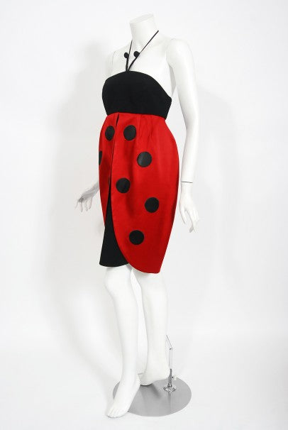 1995 Moschino Couture 'Ladybug' Novelty Black & Red Silk Halter Dress 1995 Moschino Couture 'Ladybug' Novelty Black & Red Silk Halter Dress