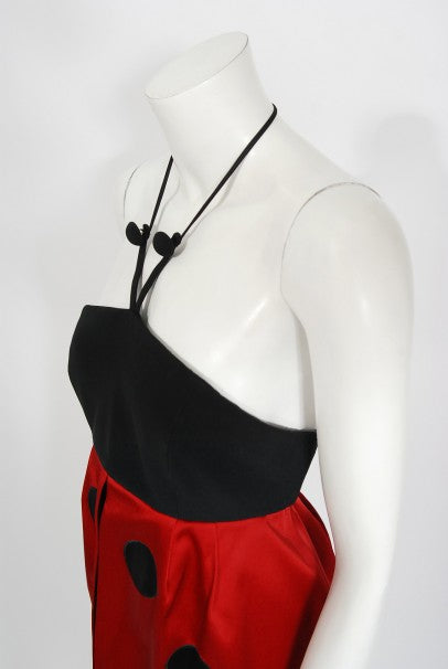 1995 Moschino Couture &#39;Ladybug&#39; Novelty Black &amp; Red Silk Halter Dress