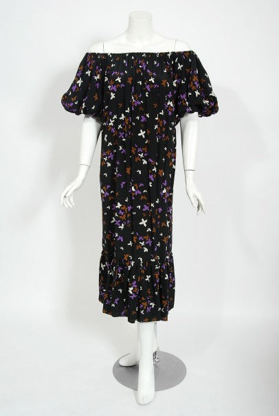 1978 Yves Saint Laurent Novelty Butterfly Print Rayon Off-Shoulder Dress