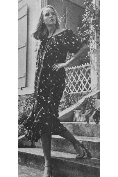 1978 Yves Saint Laurent Novelty Butterfly Print Rayon Off-Shoulder Dress
