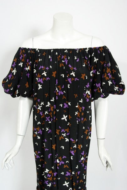1978 Yves Saint Laurent Novelty Butterfly Print Rayon Off-Shoulder Dress