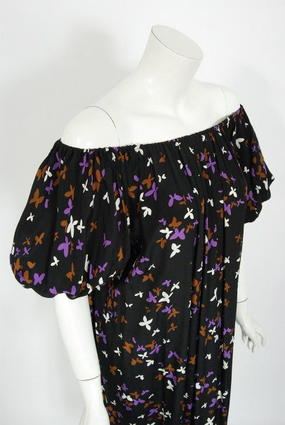 1978 Yves Saint Laurent Novelty Butterfly Print Rayon Off-Shoulder Dress