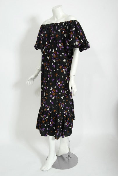1978 Yves Saint Laurent Novelty Butterfly Print Rayon Off-Shoulder Dress