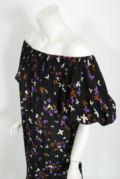 1978 Yves Saint Laurent Novelty Butterfly Print Rayon Off-Shoulder Dress