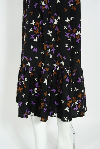 1978 Yves Saint Laurent Novelty Butterfly Print Rayon Off-Shoulder Dress