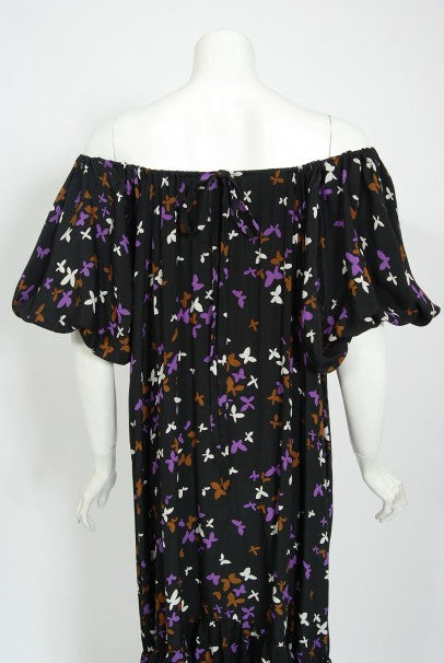1978 Yves Saint Laurent Novelty Butterfly Print Rayon Off-Shoulder Dress