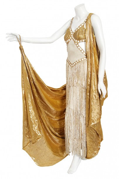 1930&#39;s Metallic Gold Lamé Cut-Out Chenille Fringe Stage Costume Gown
