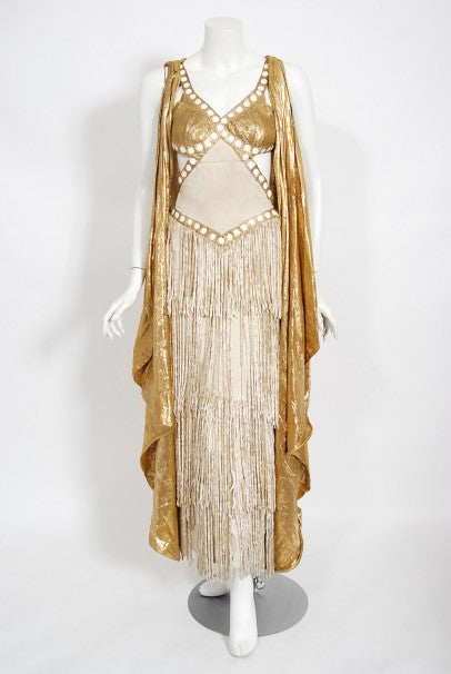 1930&#39;s Metallic Gold Lamé Cut-Out Chenille Fringe Stage Costume Gown