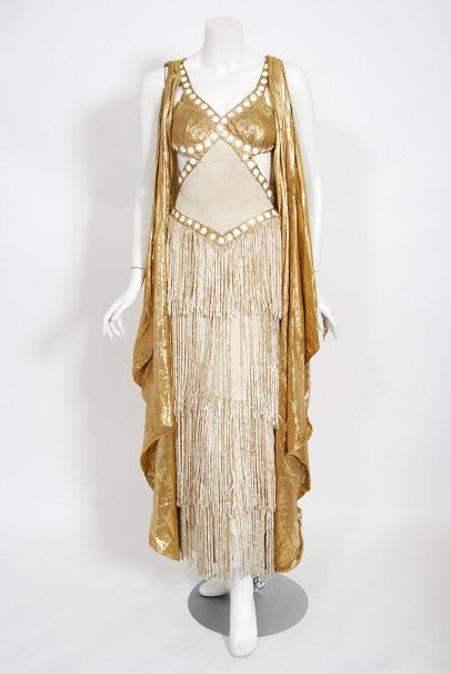 1930's Metallic Gold Lamé Cut-Out Chenille Fringe Stage Costume Gown