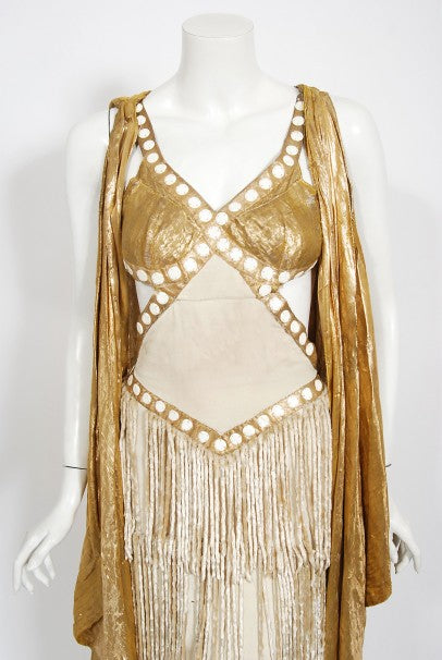 1930&#39;s Metallic Gold Lamé Cut-Out Chenille Fringe Stage Costume Gown