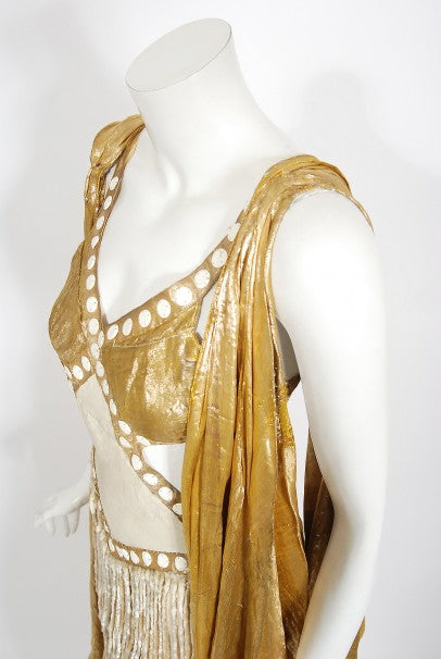 1930&#39;s Metallic Gold Lamé Cut-Out Chenille Fringe Stage Costume Gown