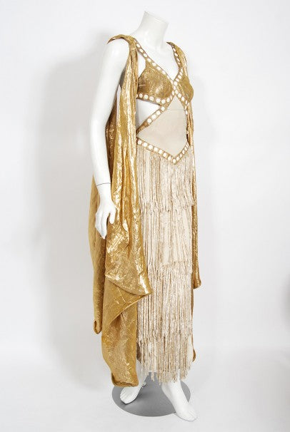 1930&#39;s Metallic Gold Lamé Cut-Out Chenille Fringe Stage Costume Gown