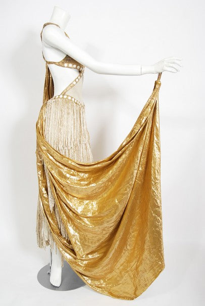 1930&#39;s Metallic Gold Lamé Cut-Out Chenille Fringe Stage Costume Gown