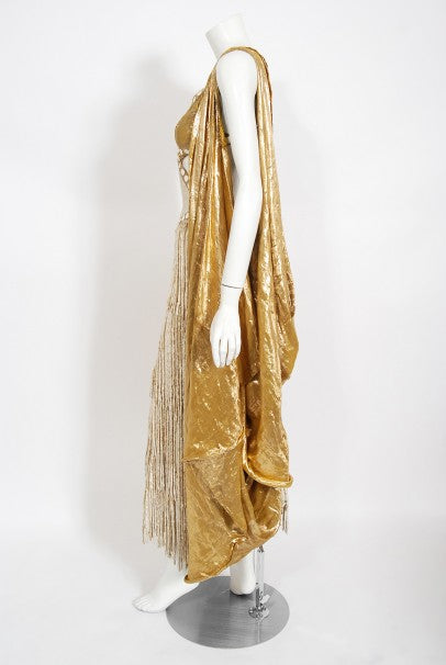 1930&#39;s Metallic Gold Lamé Cut-Out Chenille Fringe Stage Costume Gown