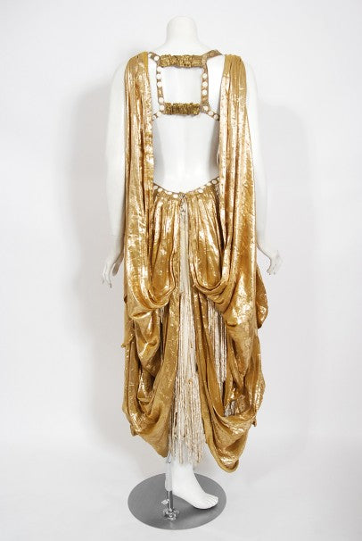 1930&#39;s Metallic Gold Lamé Cut-Out Chenille Fringe Stage Costume Gown